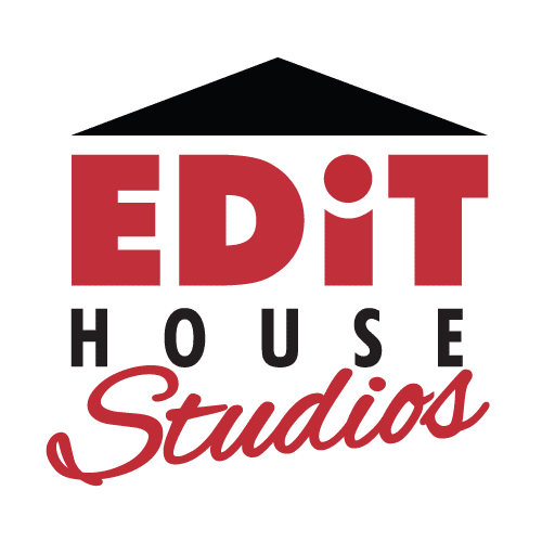 Logo for Edit House Studios with a stylized roof shape above the bold red word EDIT, gray HOUSE lettering, and red cursive Studios.