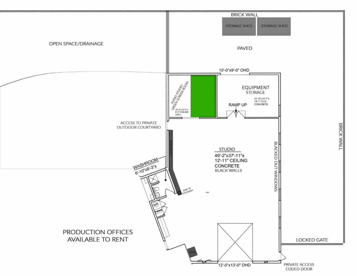 Floor plan of a studio area with equipment storage, a highlighted green storage alcove, washroom, and production offices; surrounding brick walls and outdoor spaces evident.