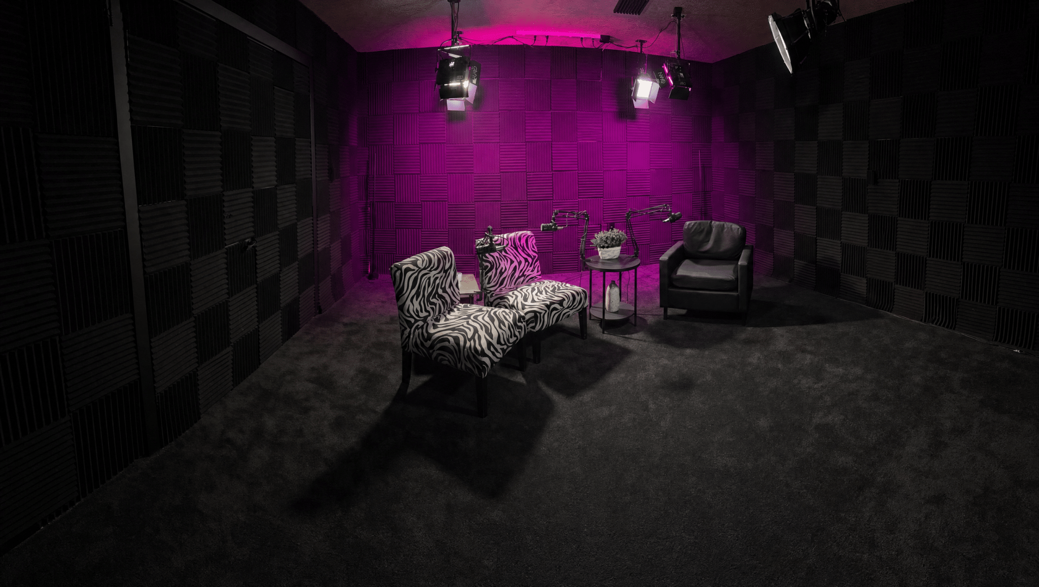 Podcast recording corner with two zebra-pattern chairs, a small round table with a plant, and a black armchair under purple stage lighting; multiple mic arms are ready for guests.