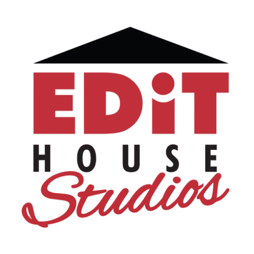 Logo for Edit House Studios with a stylized roof shape above the bold red word EDIT, gray HOUSE lettering, and red cursive Studios.