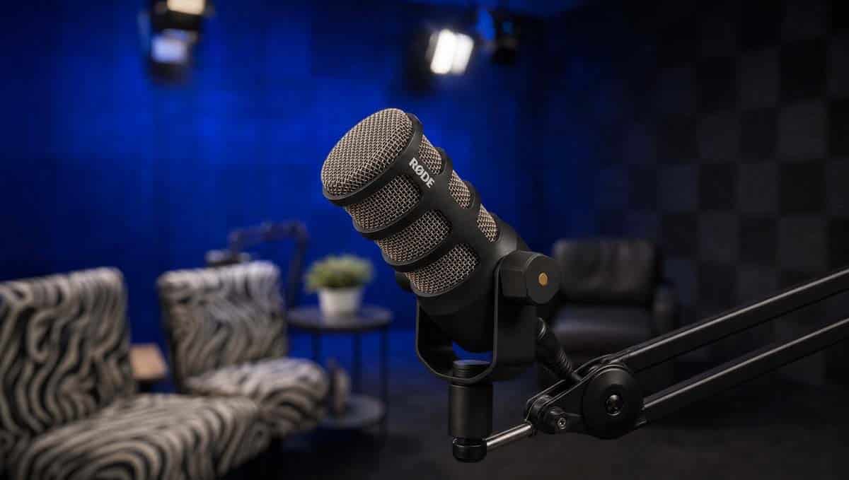 Close-up of a Rode microphone on a boom arm in a blue-walled podcast studio.