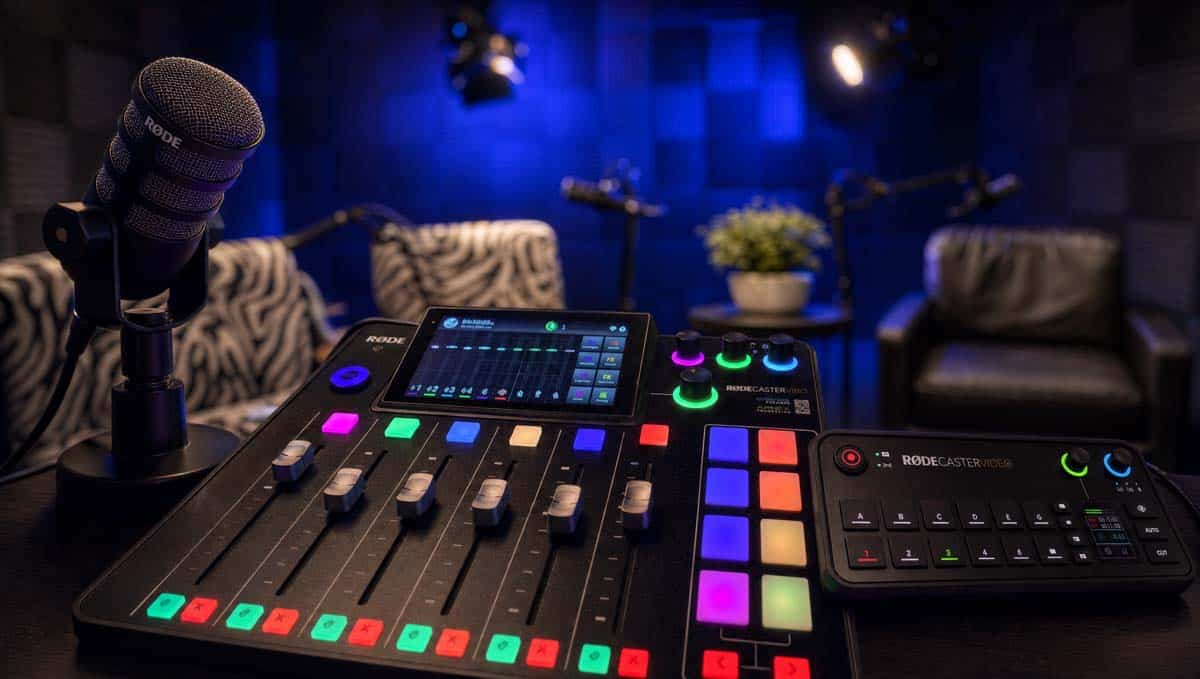 Podcasting setup with a Rode microphone, colorful mixer faders, and blue-lit studio backdrop for a livestream/recording scene.